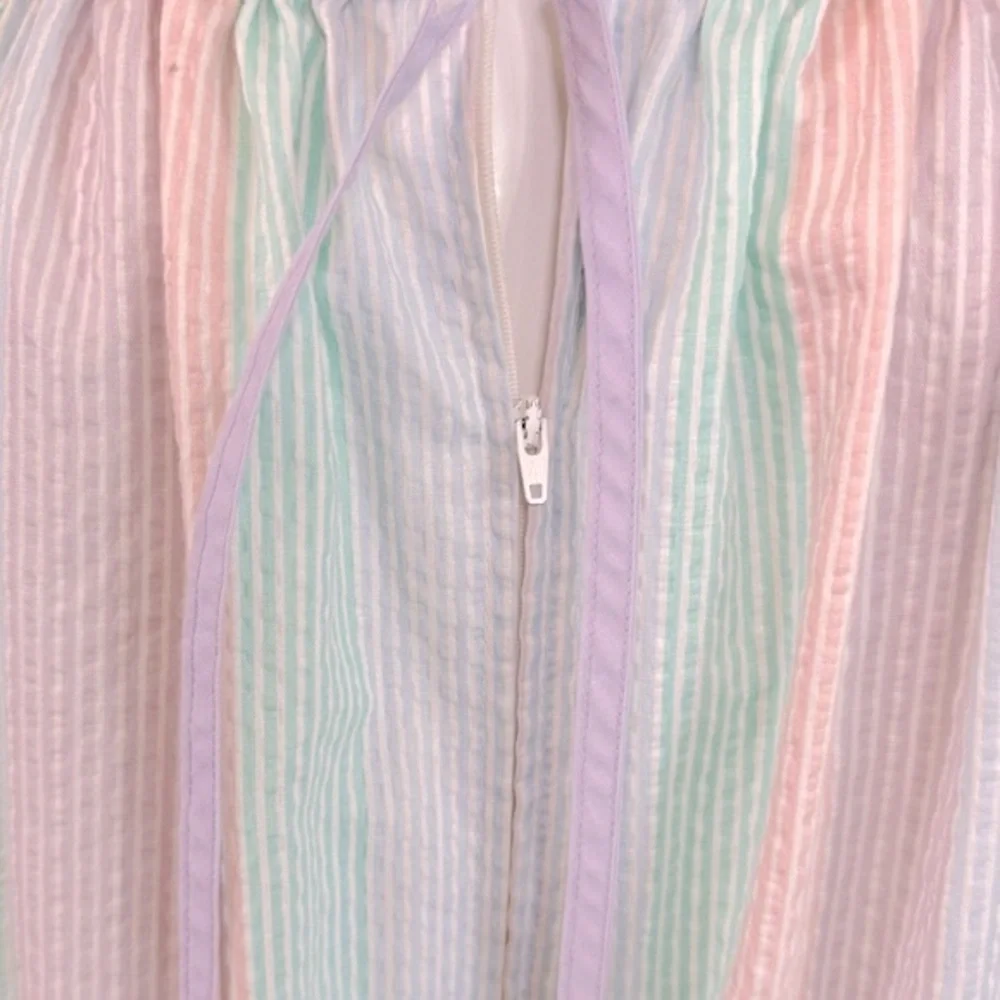 VINTAGE Komar Pastel Pink Green Purple Striped Cotton Midi Mumu Housedress - Picture 6 of 8